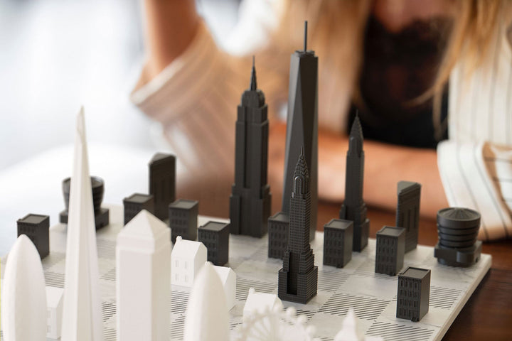 Skyline Chess Set, Dubai Vs New York, Acrylic, Side View, Wooden Board