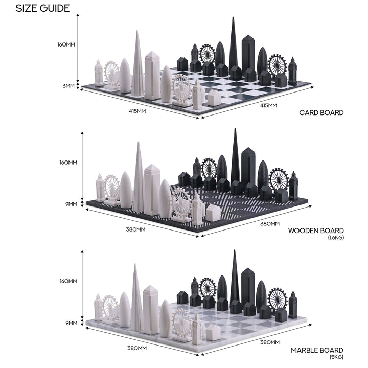 Skyline Chess Set, London, Acrylic, Side View, Wood Board