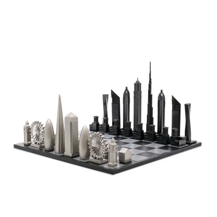 Skyline Chess Set, London Vs. San Francisco, Steel Metal, Side View, Marble Board