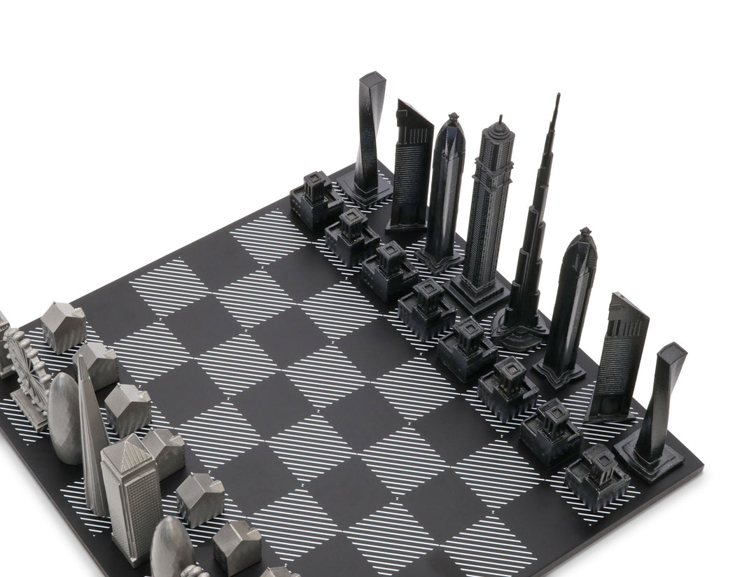 Skyline Chess Set, New York Vs. San Francisco, Stainless Steel, Corner View, Hatch Board