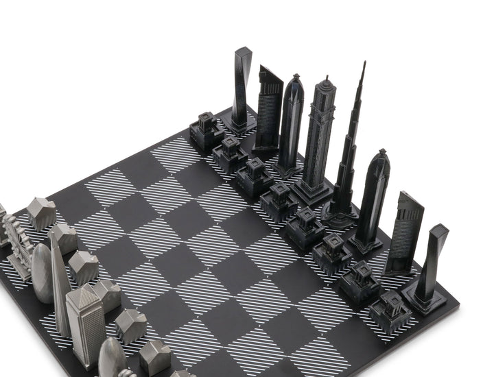 Skyline Chess Set, New York Vs. San Francisco, Stainless Steel, Corner View, Hatch Board