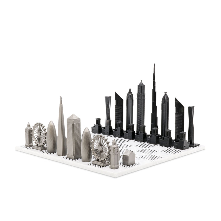 Skyline Chess Set, New York vs. San Francisco, Steel, Corner View, Marble Board