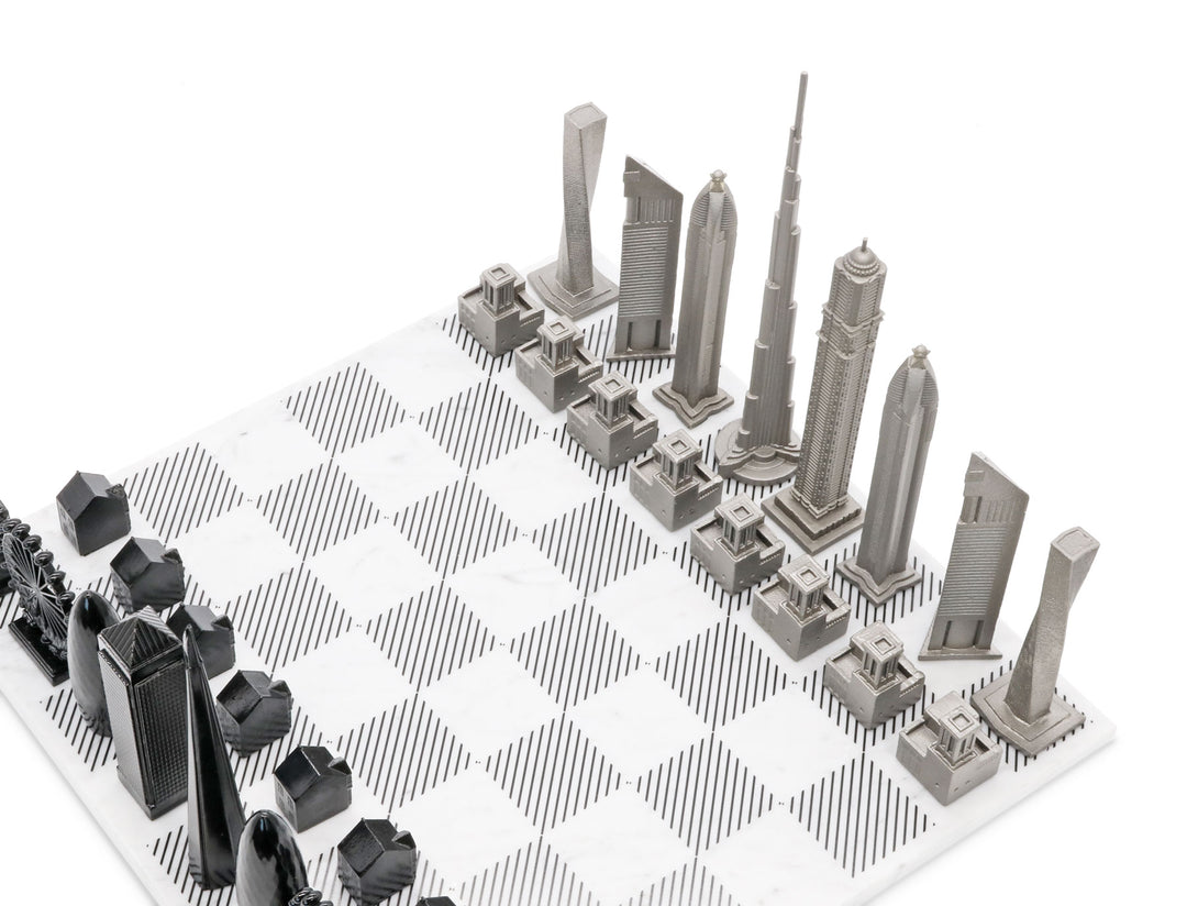 Skyline Chess Set, Paris Vs. San Francisco, Steel Metal, Corner View, Marble Board