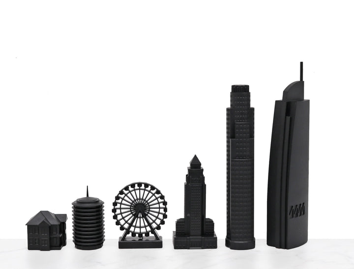 Skyline Chess Set, Los Angeles, Acrylic, Elevation View, Wood Board