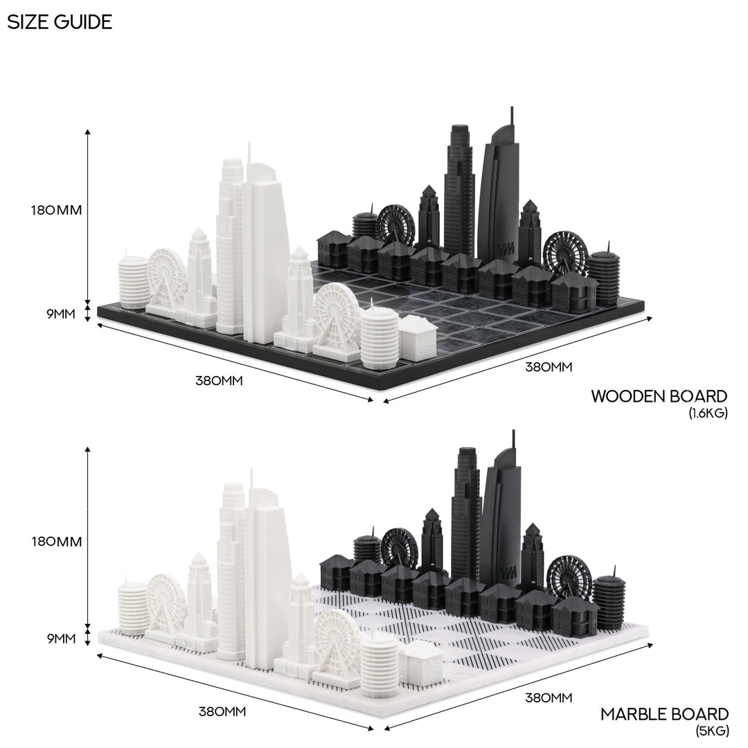 Skyline Chess Set, Los Angeles, Acrylic, Top View, Wood Map Board