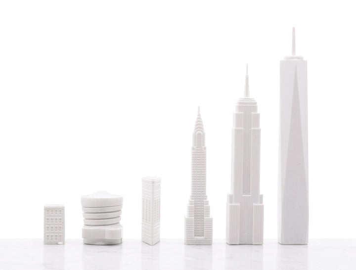 Skyline Chess Set, London Vs. Tokyo, Acrylic, Side View, B/W Wooden Board
