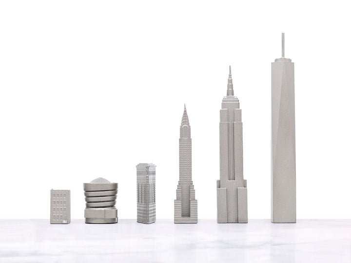 Skyline Chess Set, New York, Stainless Steel, Side View