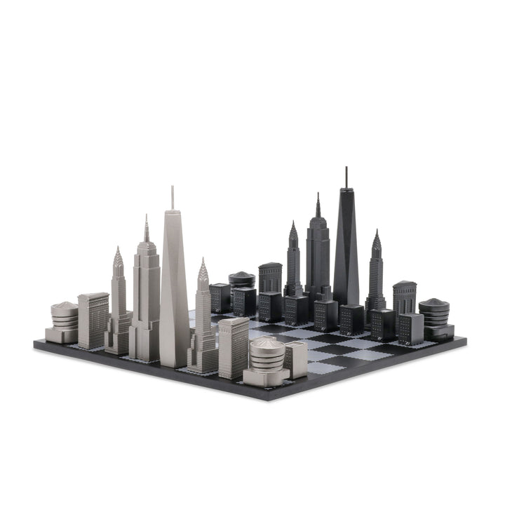 Skyline Chess Set, New York, Steel Metal, Corner View, Hatch Board