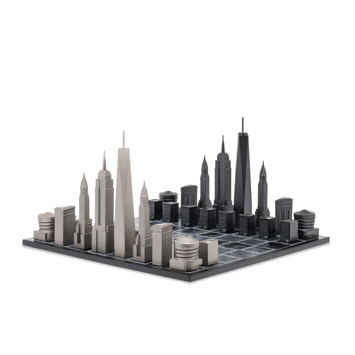 Skyline Chess Set, New York, Stainless Steel, Side View, Map Board