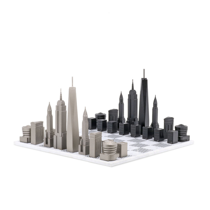 Skyline Chess Set, New York, Stainless Steel, Corner View, Marble Board