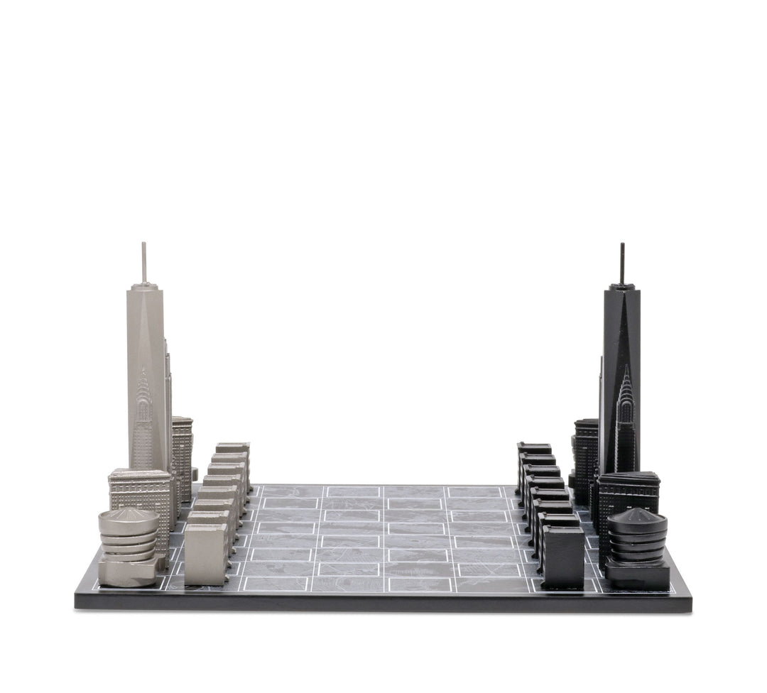 Skyline Chess Set, New York, Stainless Steel, Side View, Map Board
