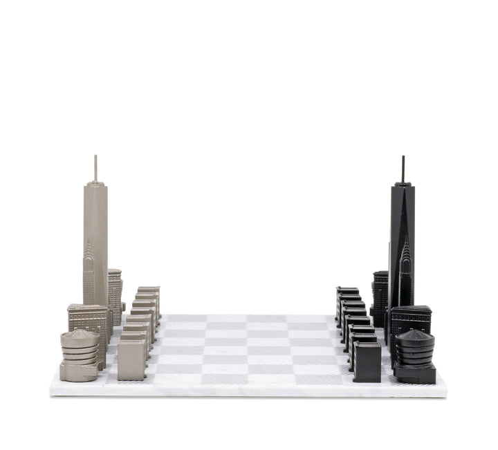 Skyline Chess Set, New York, Steel Metal, Side View, Marble Board