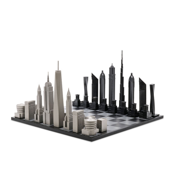 Skyline Chess Set, Paris Vs. New York, Steel Metal, Corner View, Marble Board
