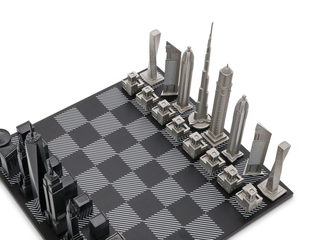 Skyline Chess Set, Paris Vs. Dubai, Steel Metal, Corner View, Hatch Wooden Board