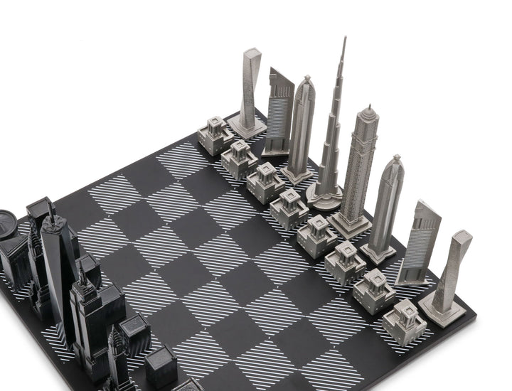 Skyline Chess Set, Paris Vs. Dubai, Steel Metal, Corner View, Hatch Wooden Board