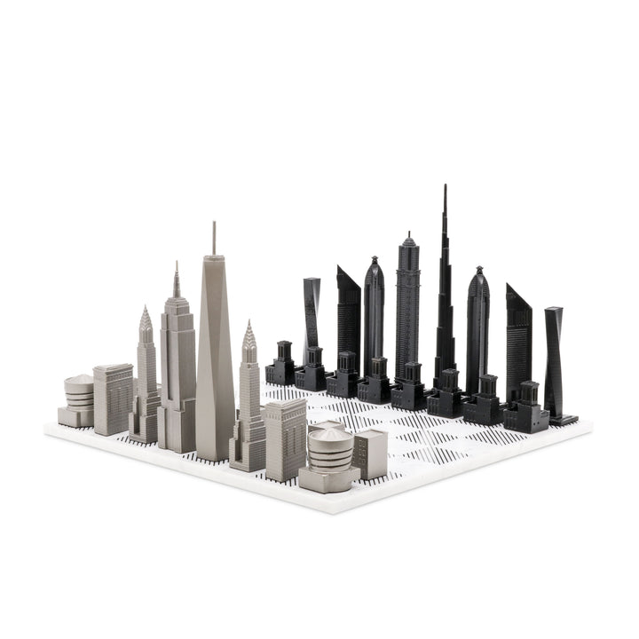 Skyline Chess Set, Paris Vs. Dubai, Steel Metal, Corner View, Marble Board