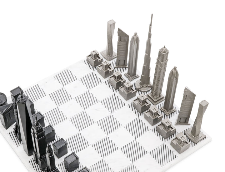 Skyline Chess Set, New York Vs. Dubai, Steel Metal, Corner View, Marble Board