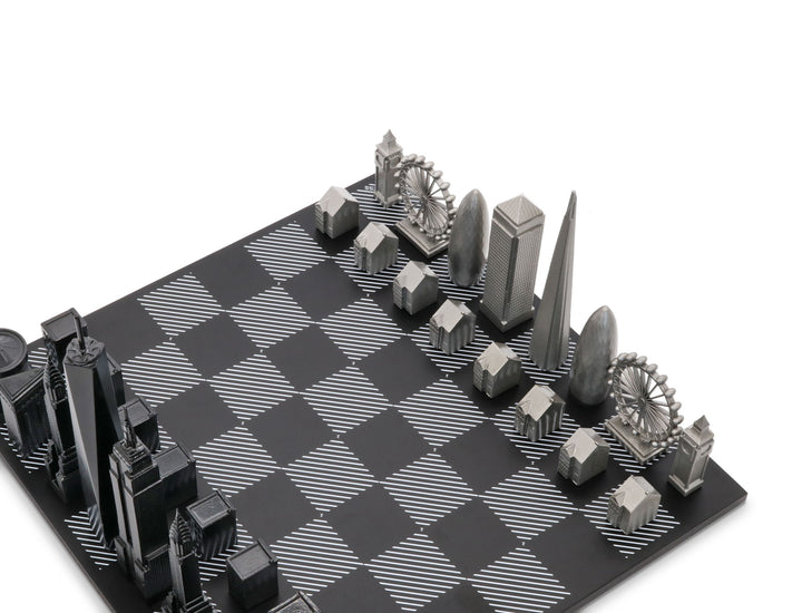 Skyline Chess Set, Paris vs London, Steel Metal, Corner View, Wooden Hatch Board
