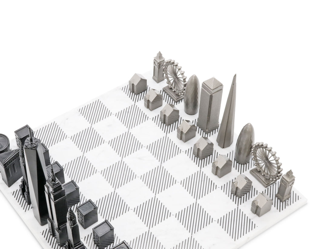 Skyline Chess Set, New York Vs. Dubai, Stainless Steel, Corner View, Marble Board