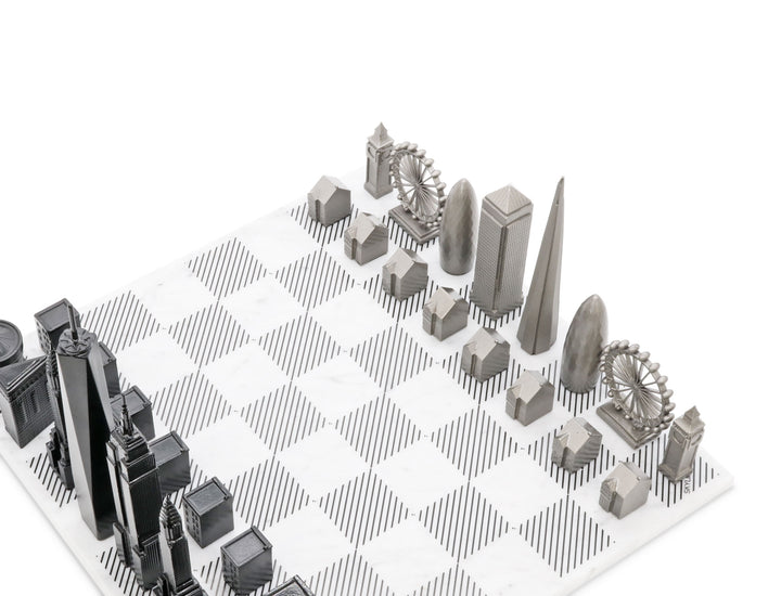 Skyline Chess Set, New York Vs. Dubai, Stainless Steel, Corner View, Marble Board