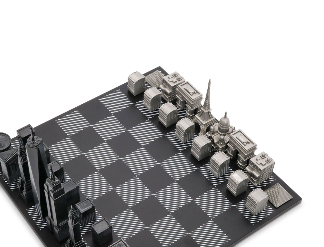 Skyline Chess Set, Dubai Vs. San Francisco, Steel Metal, Corner View, Wood Board