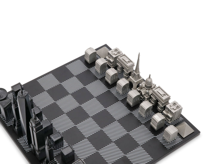 Skyline Chess Set, Dubai Vs. San Francisco, Steel Metal, Corner View, Wood Board