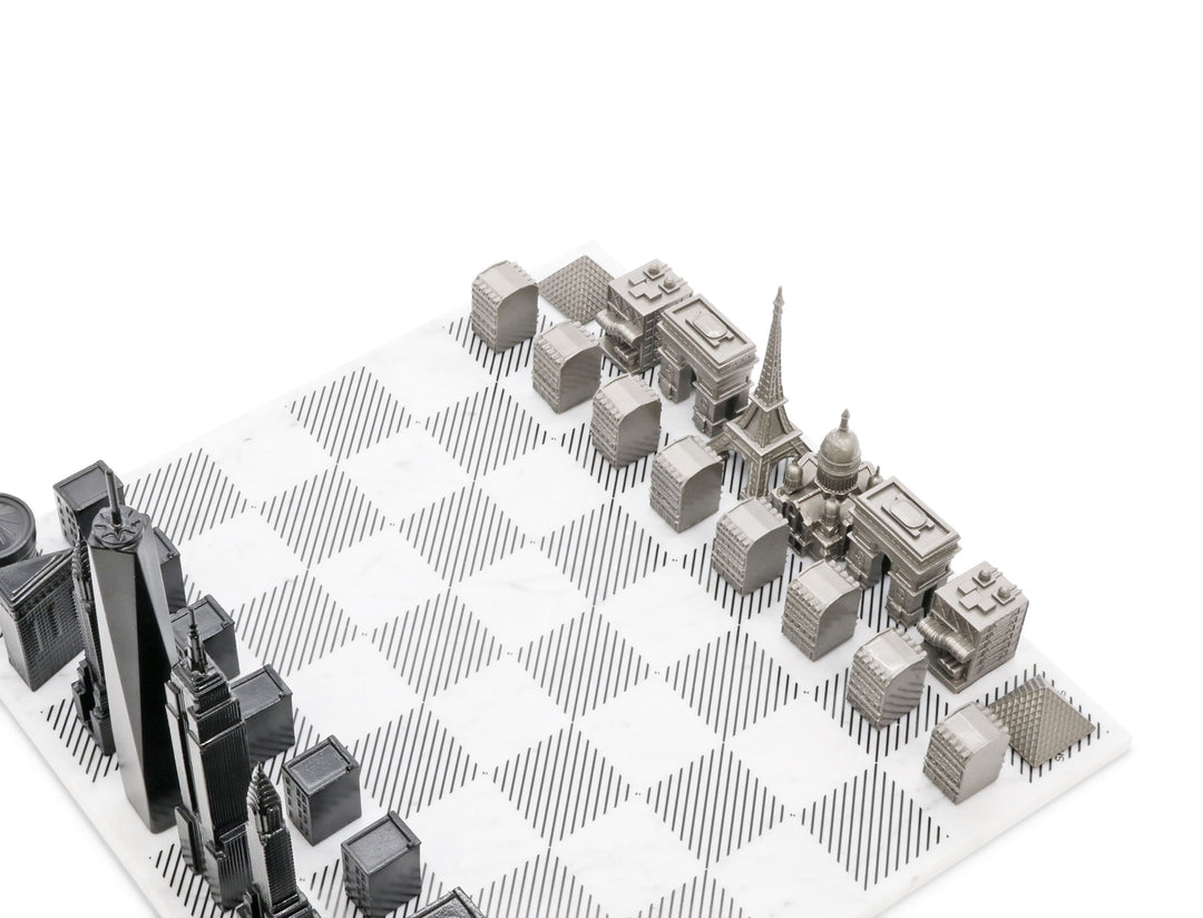 Skyline Chess Set, Chicago Vs. Dubai, Steel Metal, Corner View, Marble Board
