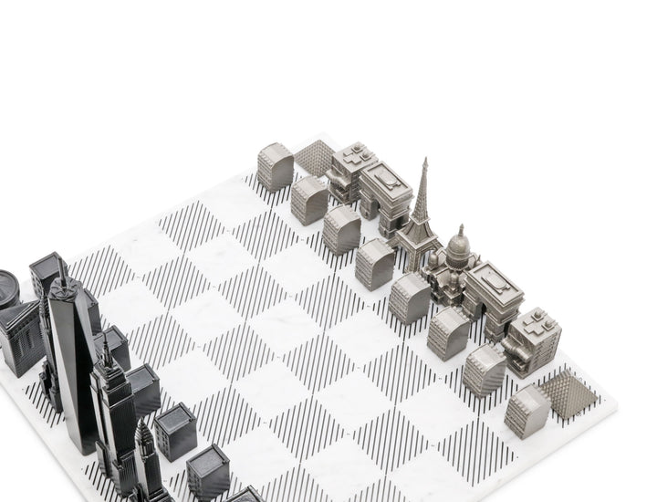 Skyline Chess Set, Chicago Vs. Dubai, Steel Metal, Corner View, Marble Board