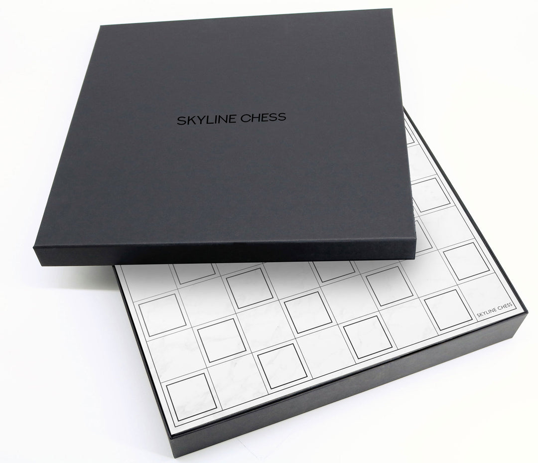 Skyline Chess Set, World Icons, Steel Metal, Corner View, Marble Board