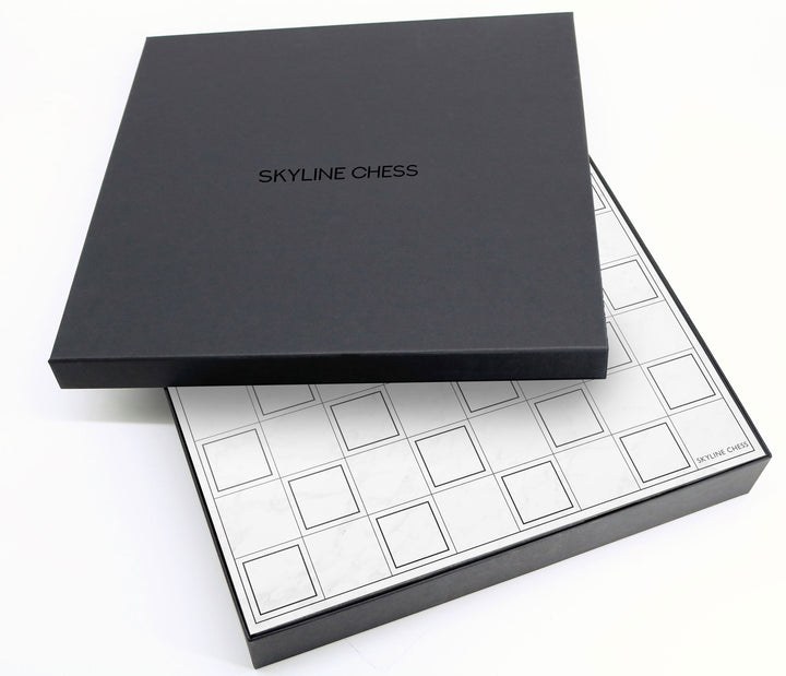 Skyline Chess Set, World Icons, Steel Metal, Corner View, Marble Board