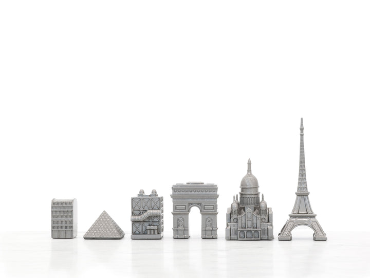Skyline Chess Set, Paris, Steel Metal, Side View, Wood Board
