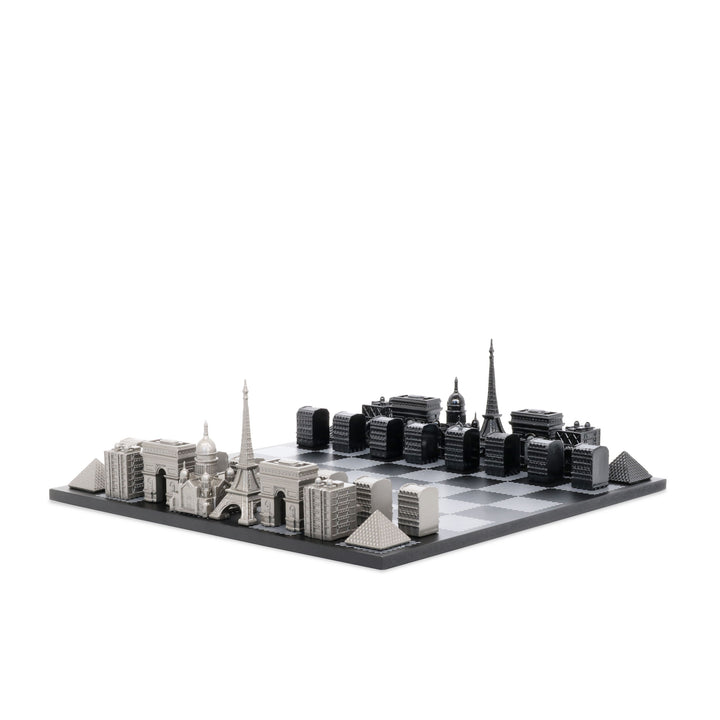 Skyline Chess Set, Paris, Steel Metal, Corner View, Hatch Board