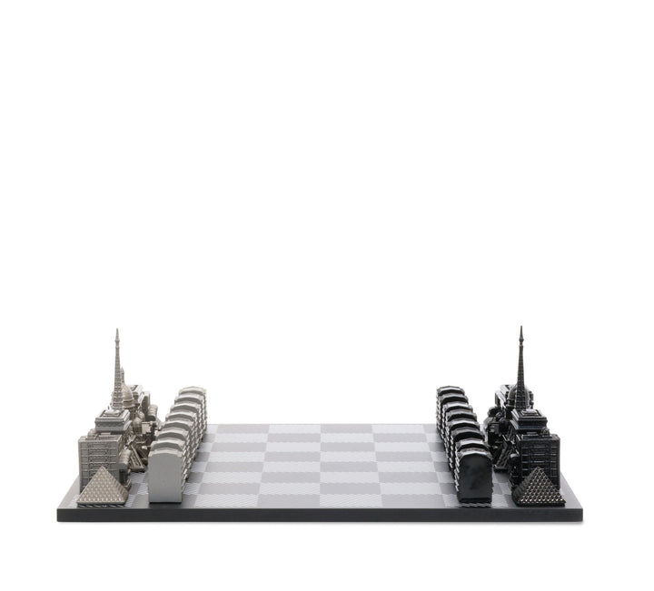 Skyline Chess Set, Paris, Steel Metal, Side View, Hatch Board