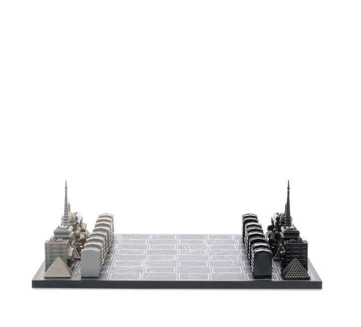 Skyline Chess Set, Paris, Stainless Steel, Side View, Marble Board