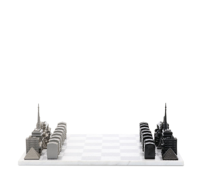Skyline Chess Set, Paris, Steel Metal, Side View, Marble Board
