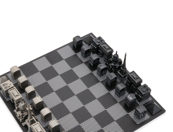 Skyline Chess Set, Paris, Steel Metal, Corner View, Hatch Board