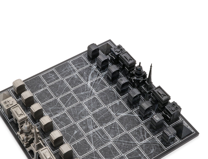 Skyline Chess Set, Paris, Stainless Steel, Corner View, B/W Wooden Board