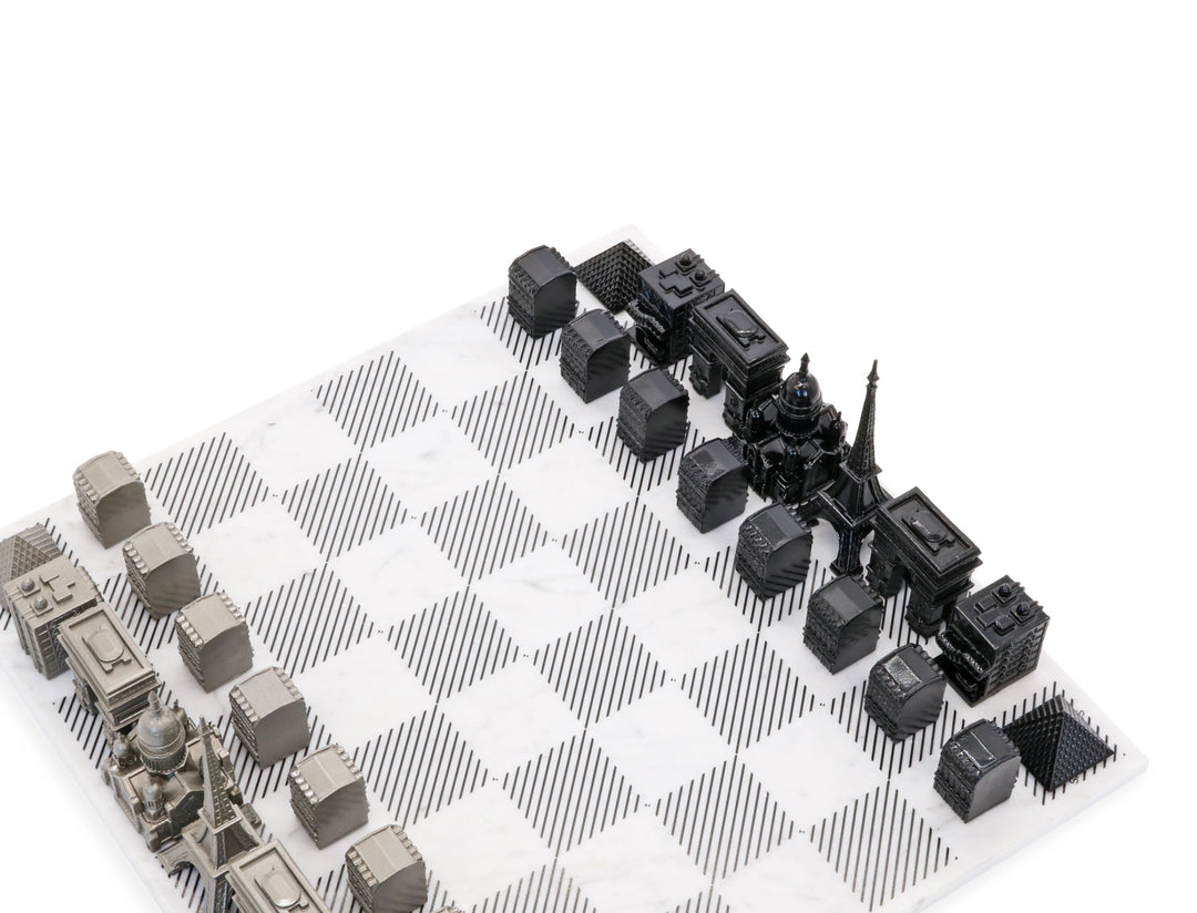 Skyline Chess Set, Paris, Steel Metal, Corner View, Marble Board