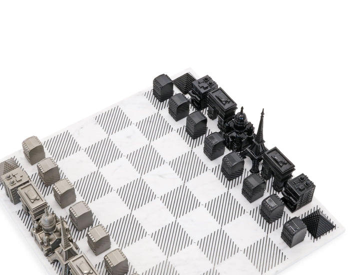 Skyline Chess Set, Paris, Steel Metal, Corner View, Marble Board