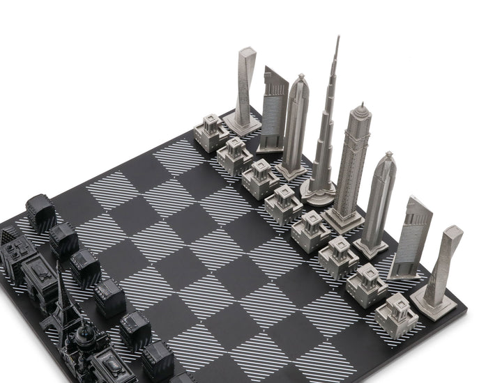 Skyline Chess Set, Chicago Vs. London, Steel Metal, Corner View, Hatch Board
