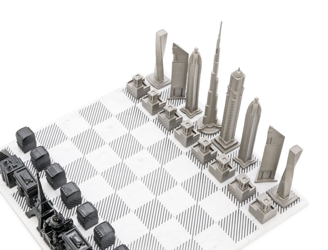 Skyline Chess Set, Chicago Vs. New York, Stainless Steel, Corner View, B/W Wooden Board