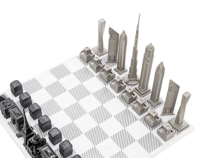 Skyline Chess Set, Chicago Vs. New York, Stainless Steel, Corner View, B/W Wooden Board