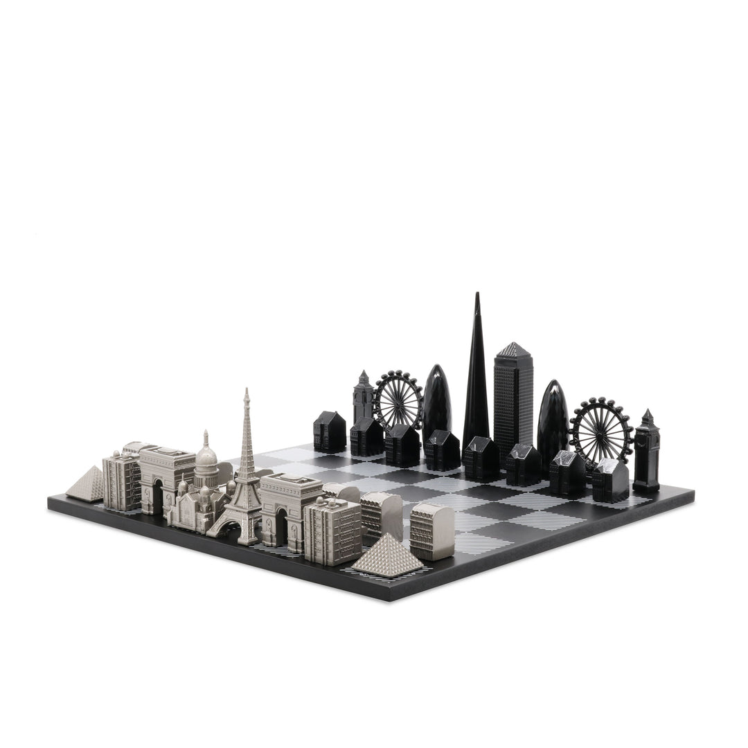 Skyline Chess Set, New York Vs. Dubai, Steel Metal, Front View, Marble Board