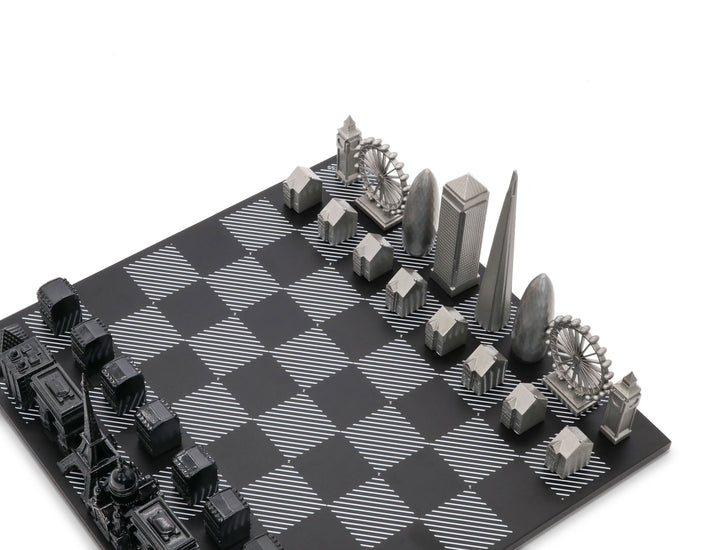 Skyline Chess Set, London Vs. Dubai, Stainless Steel, Corner View, B/W Wooden Board