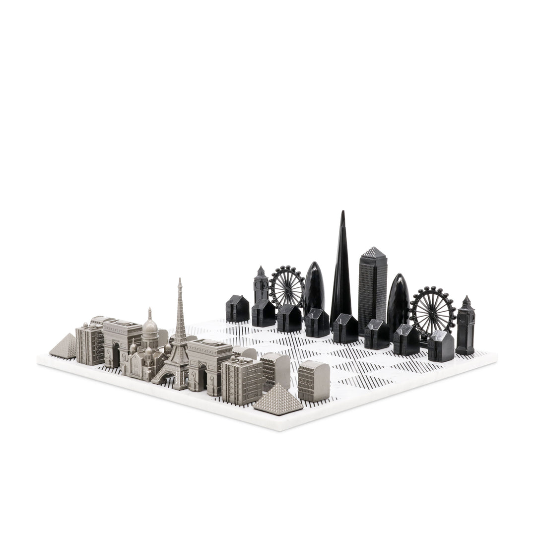 Skyline Chess Set, London Vs. Dubai, Steel Metal, Corner View, Marble Board