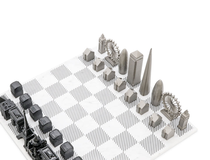 Skyline Chess Set, Paris Vs. New York, Steel Metal, Corner View, Marble Board