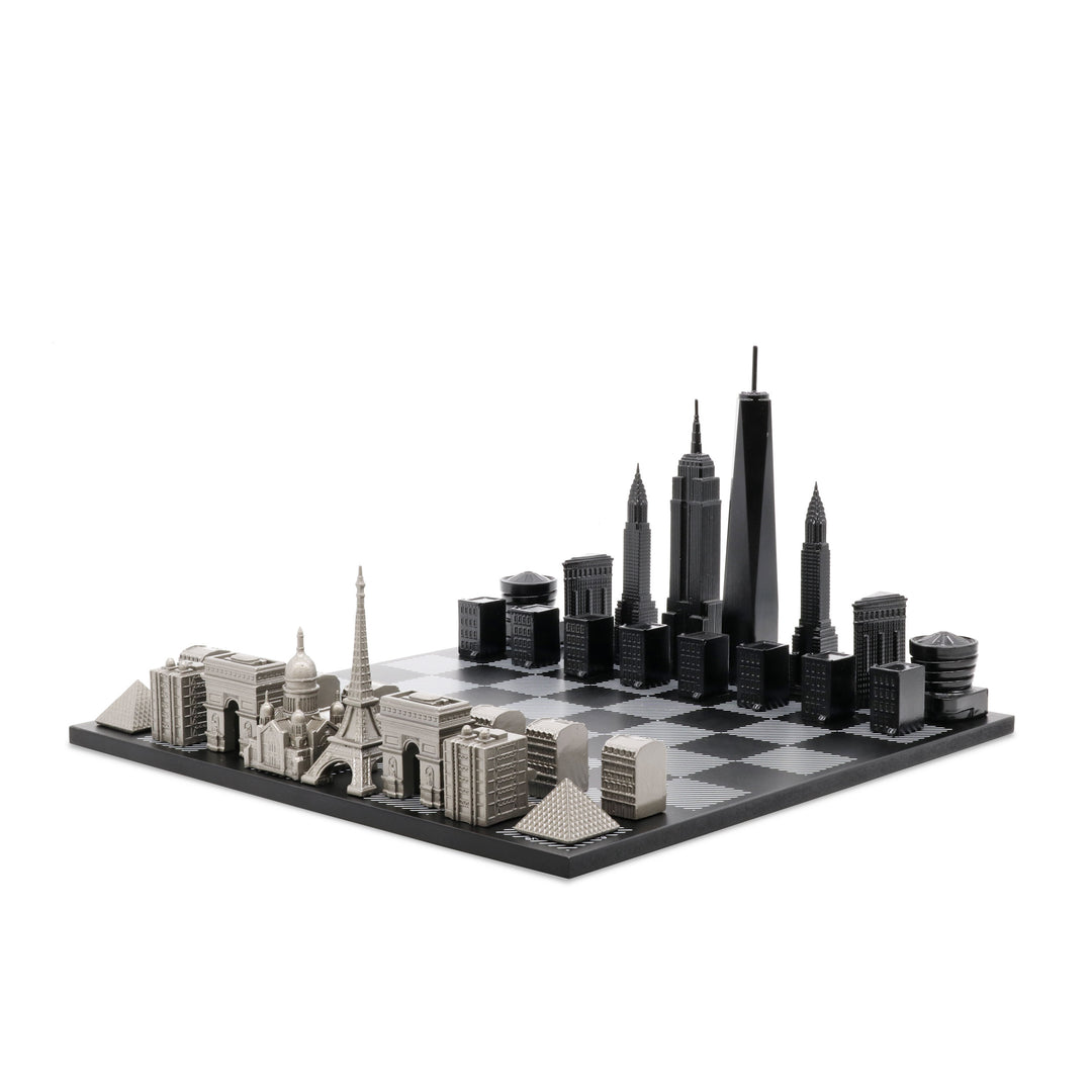 Skyline Chess Set, Paris Vs. San Francisco, Steel, Side View, Marble Board