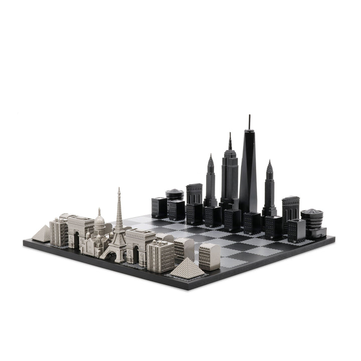 Skyline Chess Set, Paris Vs. San Francisco, Steel, Side View, Marble Board