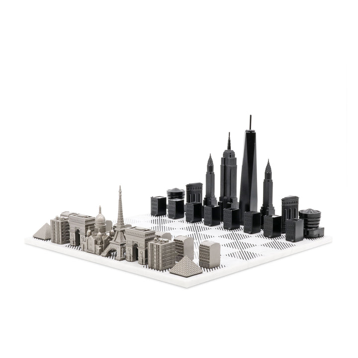 Skyline Chess Set, Dubai Vs. San Francisco, Steel Metal, Corner View, Marble Board
