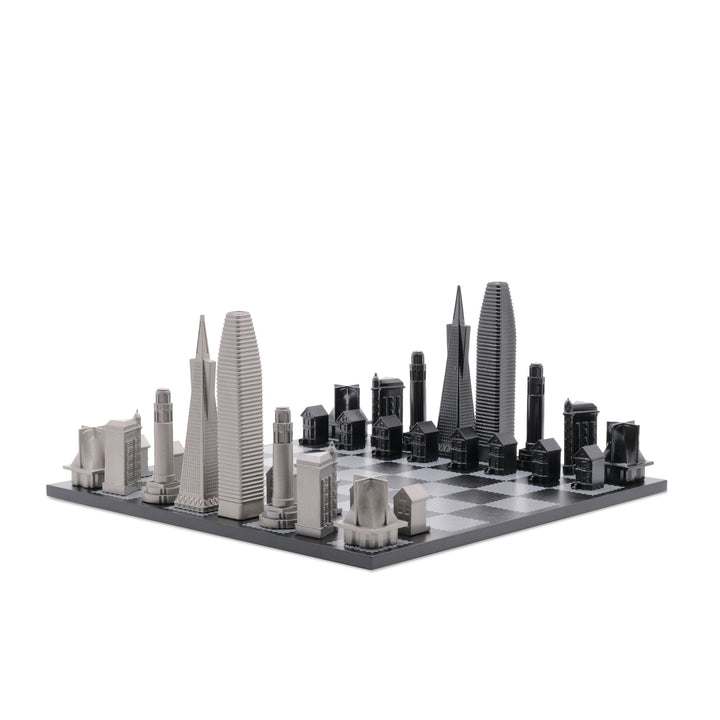 Skyline Chess Set, San Francisco, Stainless Steel, Side View, Hatch Board